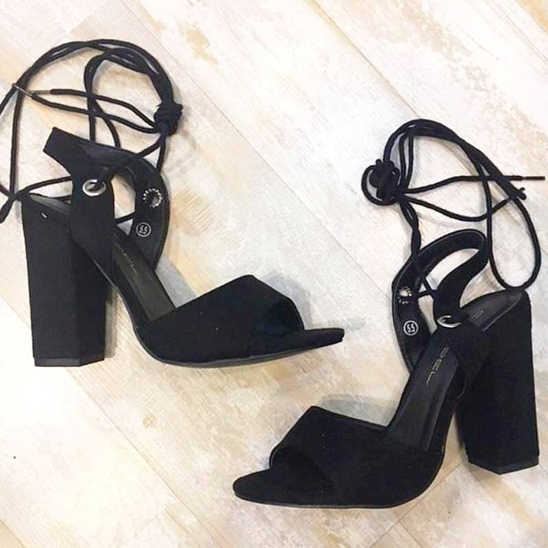Sassy Black Faux Suede Ankle Wrap Chunky Heels