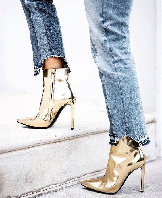 Shiney Golden Metallic Stiletto Ankle Boots