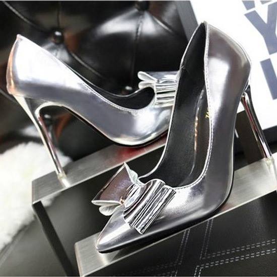 Silver High Pencil Heel Pumps With Bowknot