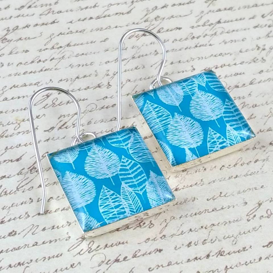 Square Shaped Leaf Print Drop Earrings