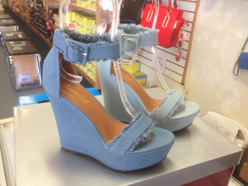 Amazing Denim Wedges Heels With Matching Buckle Ankle Strap