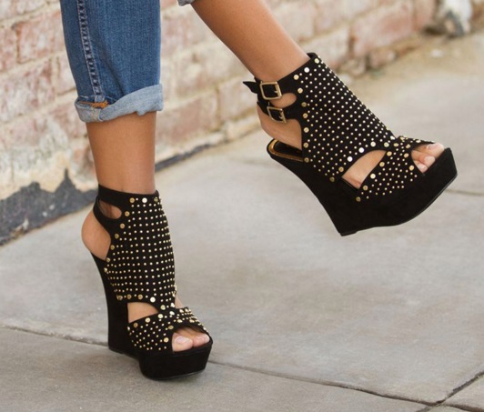 Attractive Black Wedge Heel Sandals With Studs