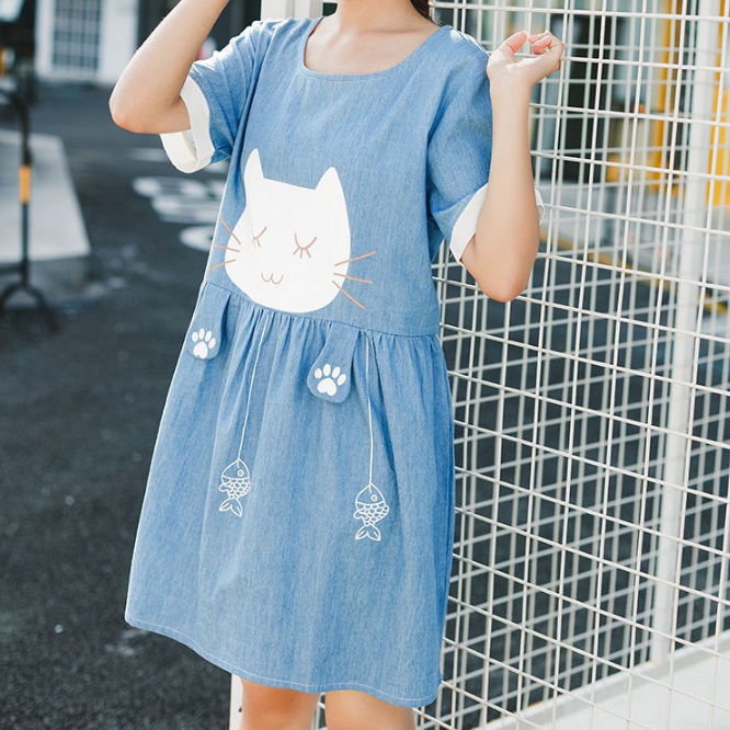 Awesome Cat Print Short Sleeve A-Line Dress