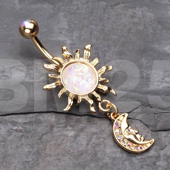 Best Golden Blazing Sun Opal Sparkle Moon Dangle Belly Button