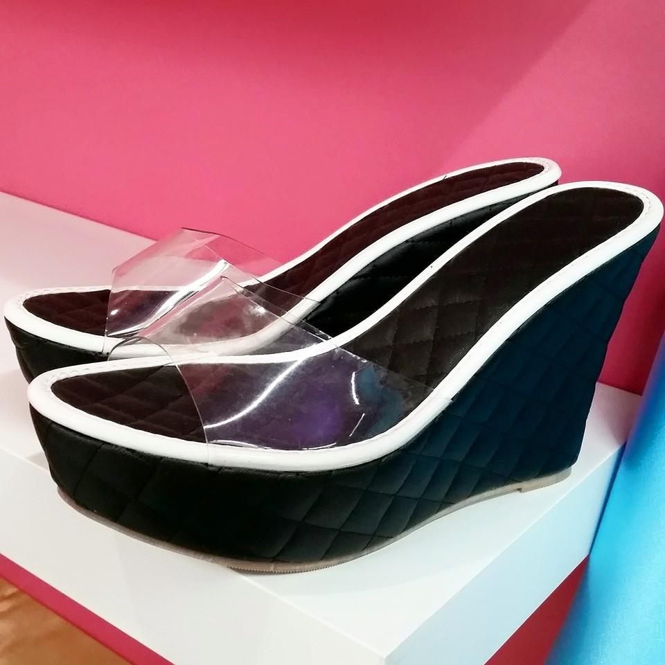 Black Wedges Heels With Transparent Front Design