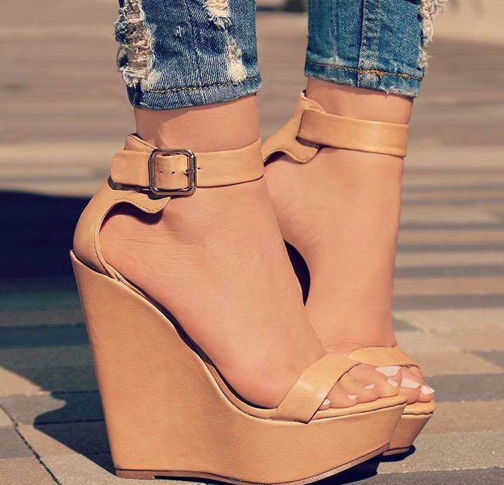 Brown Leather Wedge High Heels With Ankle Strap