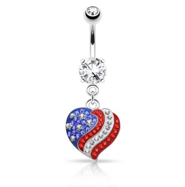 Crystal Paved American Flag Heart Design Dangle Belly Rings