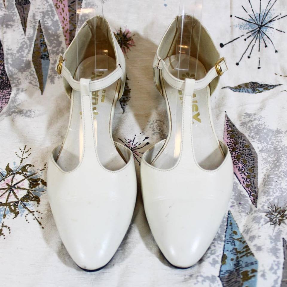 Cute Rounded Toe White Faux Leather T-Strap Heels