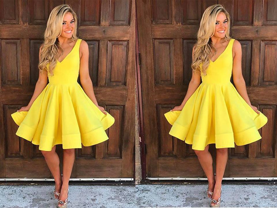 Cute Yellow V-Neckline Short A-Line Dress