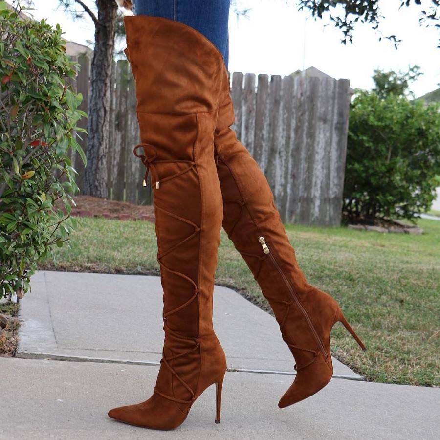 Dazzling Faux Suede Pointed Toe Decorative String Stiletto Thigh Boots