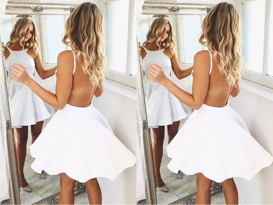 Exclusive White Halter Neck Backless A-Line Short Dress