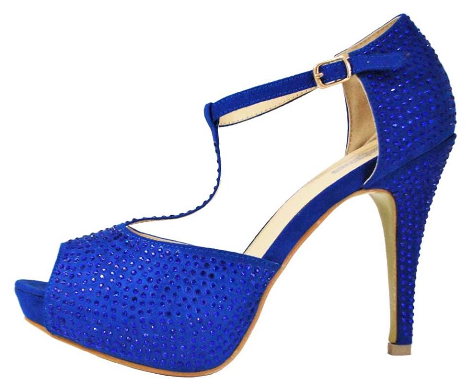 Eye Catching Blue Velvet Rhinestone Embellished T-Strap Peep Toe High Heel Platform Bridal Shoe