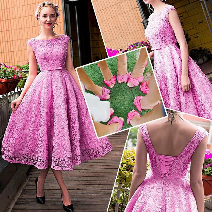 Fabulous Pink Round Neckline Lace A-Line Dress