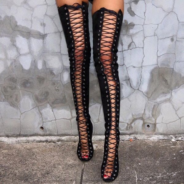 Front Open Lace Up Black Suede Booties