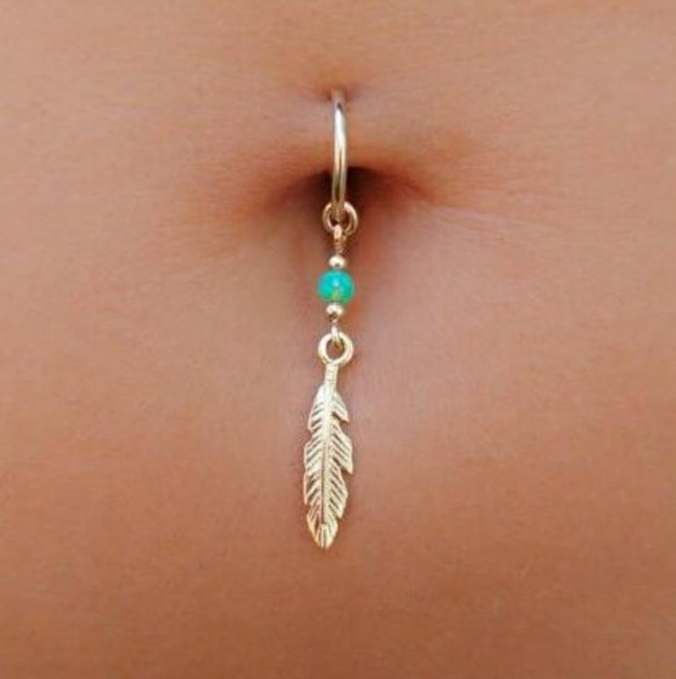 Graceful Gold And Turq Feather Belly Ring