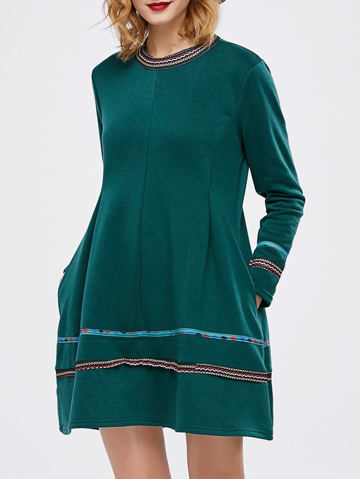 Green Long Sleeve A-Line Mini Dress