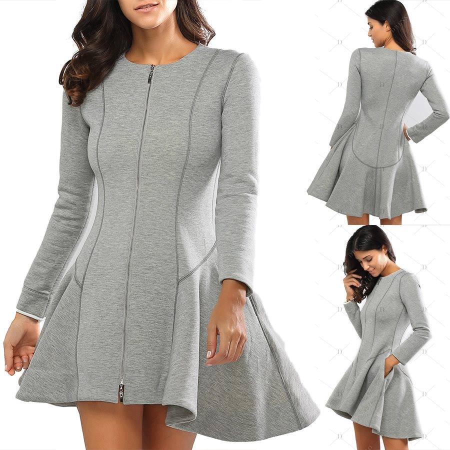 Grey Full Sleeve A-Line Dress With Front Zip