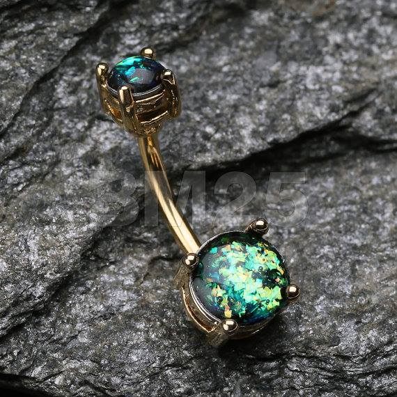 Impressive Golden Black Opal Sparkle Prong Set Belly Button Ring