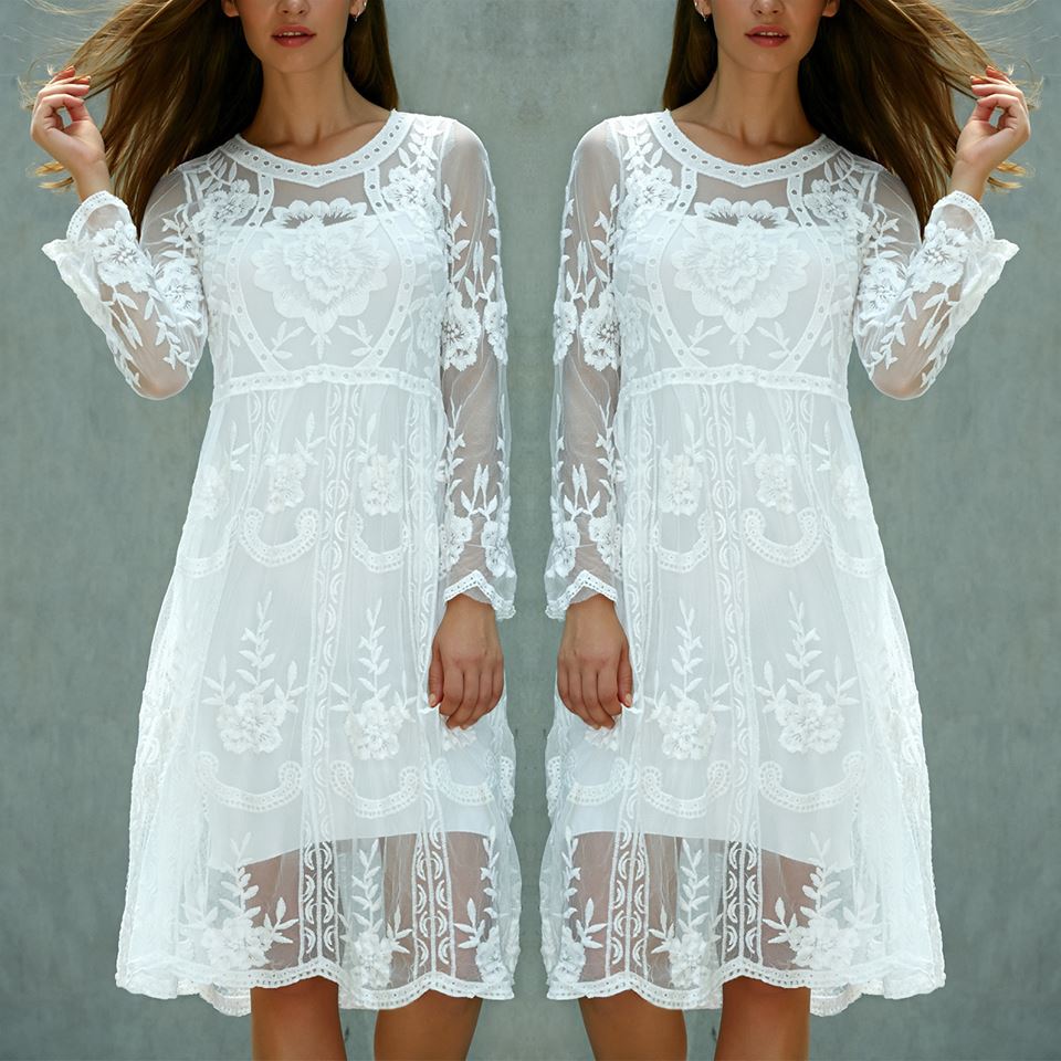 Lovely White A-Line Dress With Full Sleeves