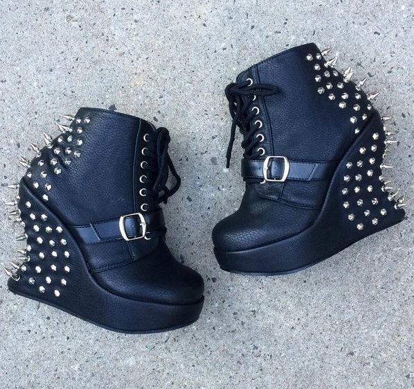 Mind Blowing Wedges Heel Ankle Boots With Buckled Strap And Metal Spikes
