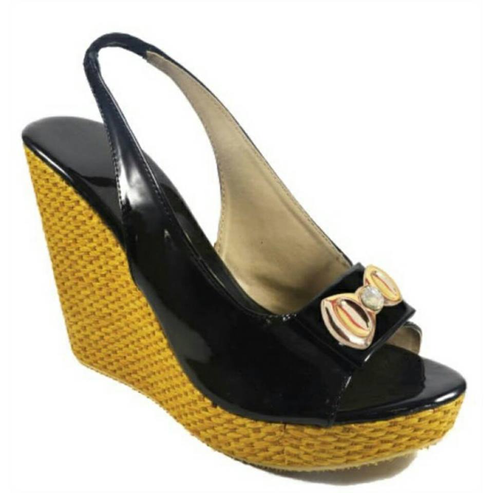 Open Toe Black Wedge Heel Sandals With Yellow Base