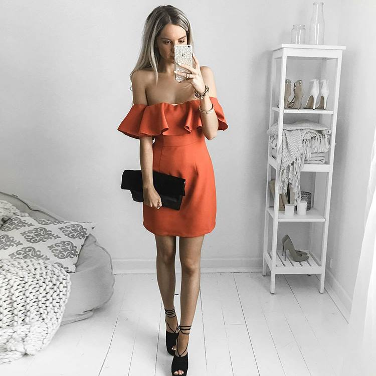 Orange Off The Shoulder Short Satin A-Line Dress