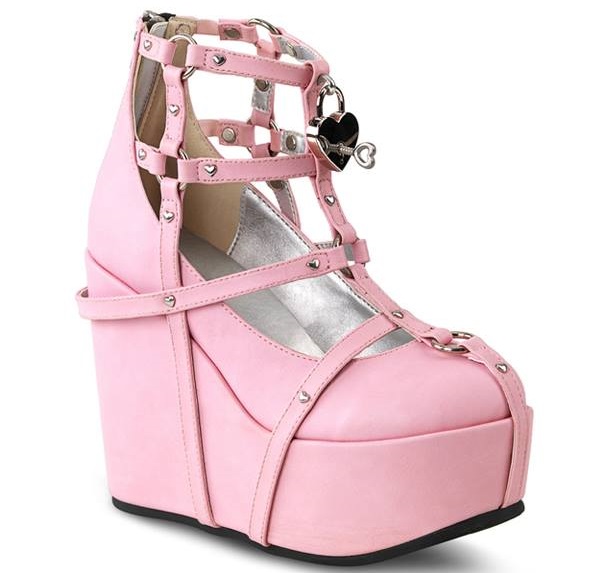 Pink Caged Strap Ankle Bootie With Wedge Heel And Heart Locket