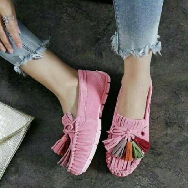 Pink Suede Flats With Fringes