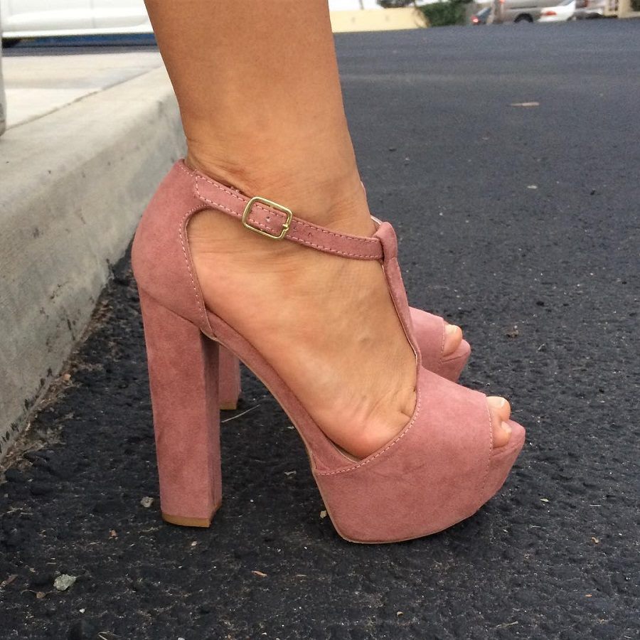 Pink Suede T-Strap Chunky Platform Heels