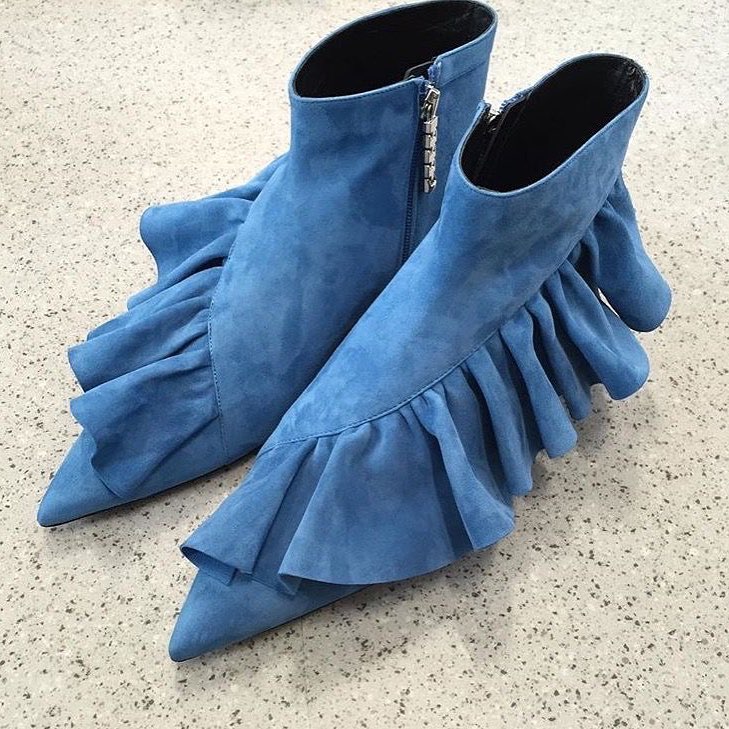 Ravishing Blue Suede Pointed Toe Flat Shoes With Frill