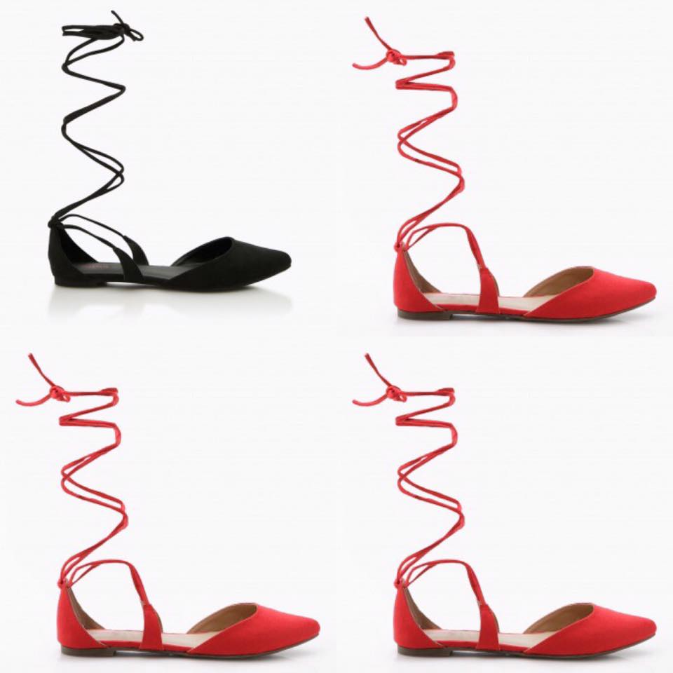 Red & Black D'Orsay Flats With Tie-up Straps