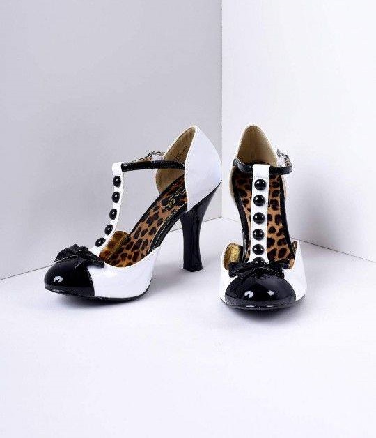 Retro Style Black & White With Leopard Print T-Strap Heels