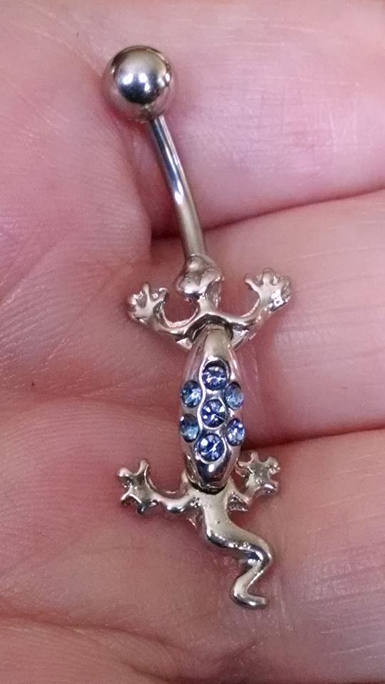 Rocking Lizard Reptile Belly Button Ring With Blue Rhinestones