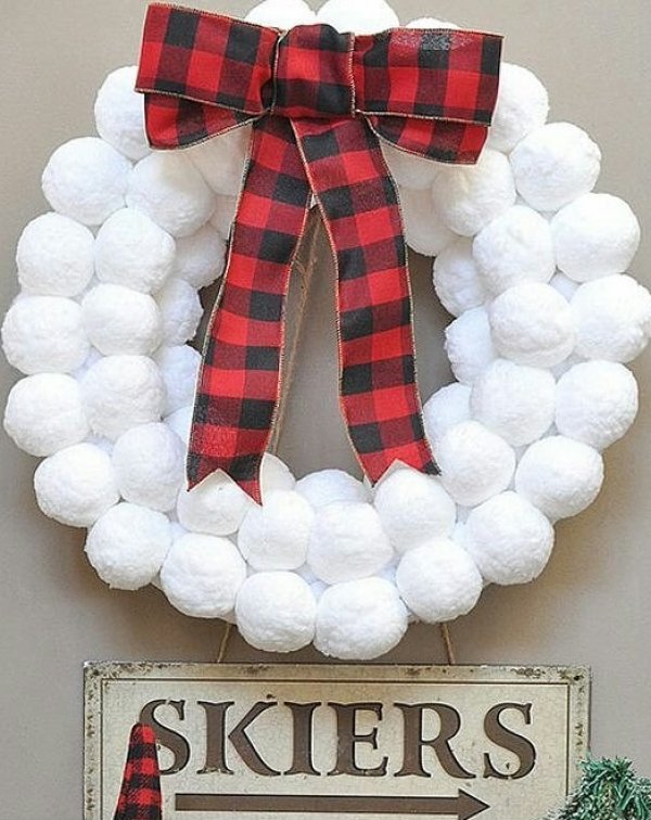 Snowball wreath with plaid ribbon. Pic by iluvchristmas1225