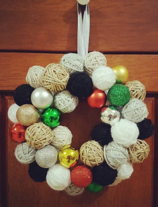 Styrofoam ball and wool wreath for Christmas. Pic by maria__aloisi