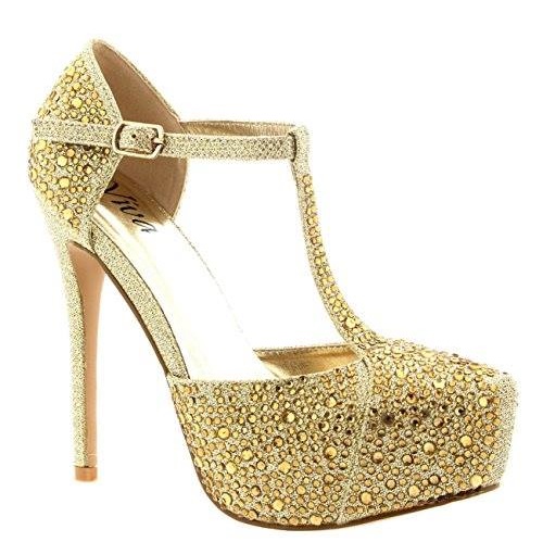 Supereb Golden Crystals T-Strap Stiletto Bridal Platform High Heels