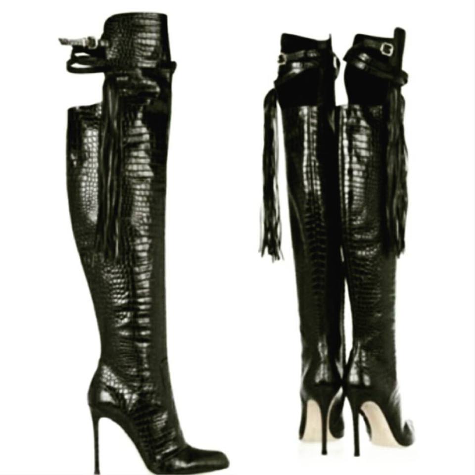 Swanky Black Leather Stiletto Heels High Thigh Boots