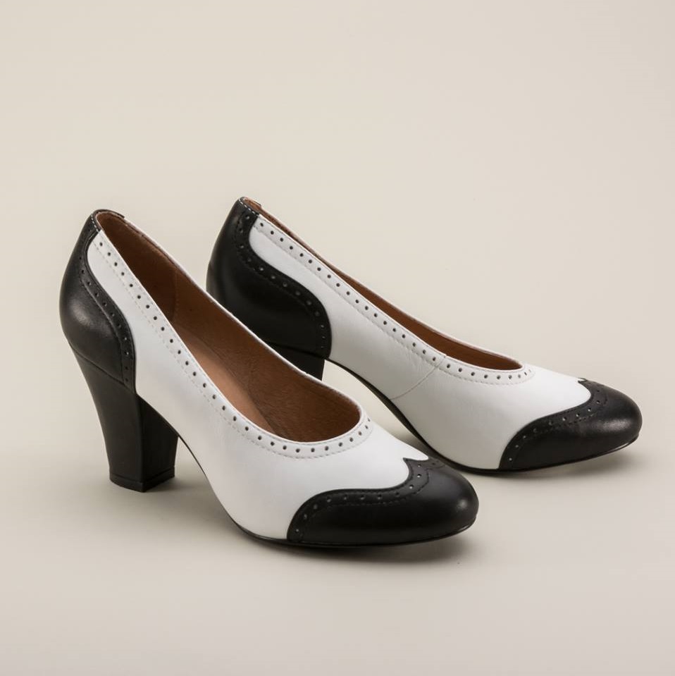 Swanky Round Toe Classic Black & White Leather Spectator Pumps