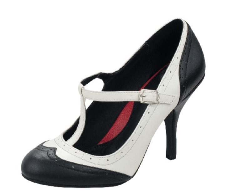 Vintage Style Black & White Rounded Toe T-Strap Heels