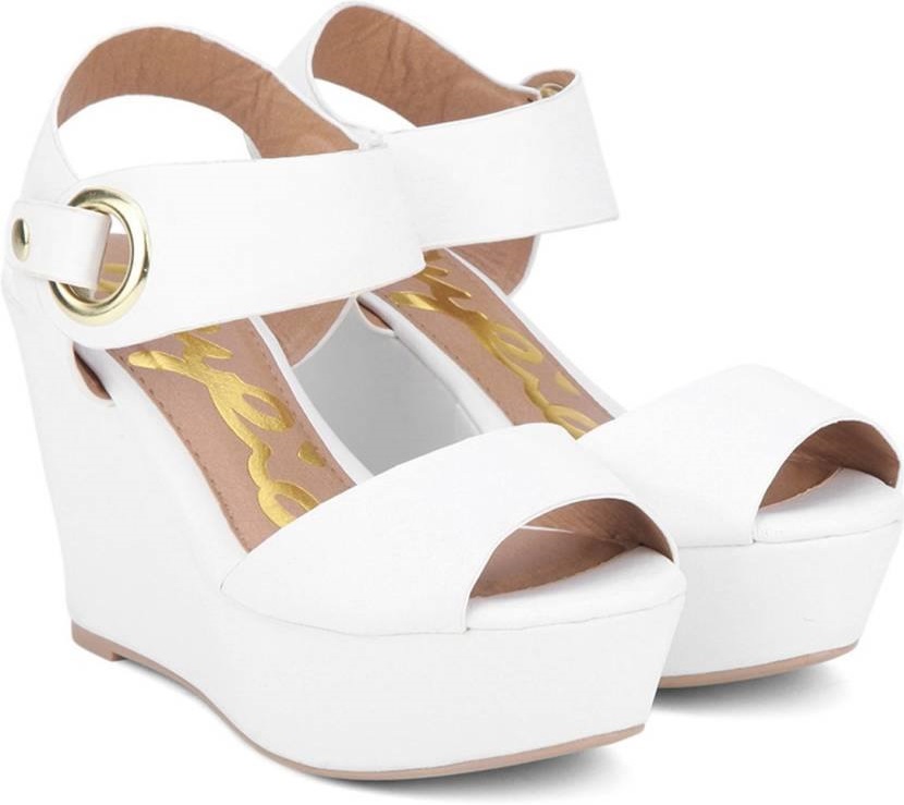 White Wedges Heels Sandals With Buckle Closure