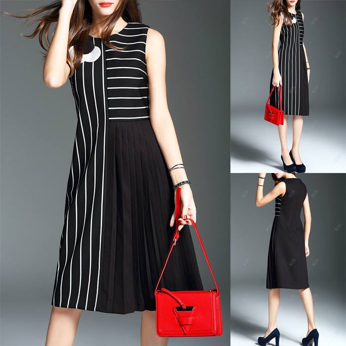 Wonderful Stripes Sleeveless Pleated A-Line Dress With Red Handbag