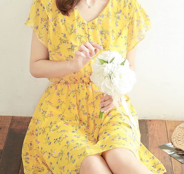 Yellow Floral Chiffon A-Line Dress