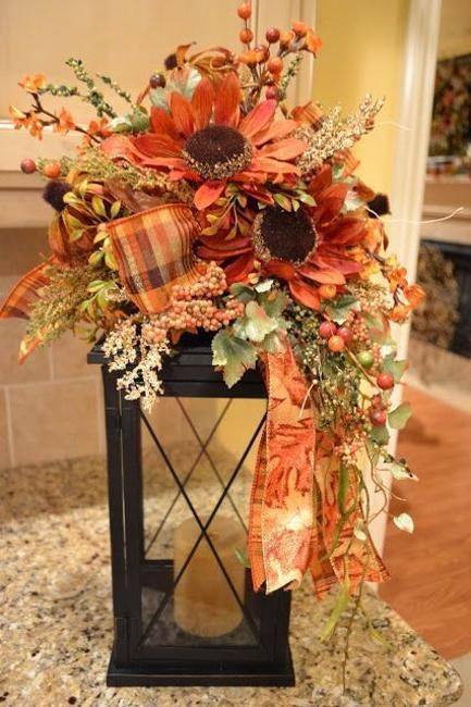 Adoring Decorated Lantern For Fall Centerpiece With Bunch Of Flowers