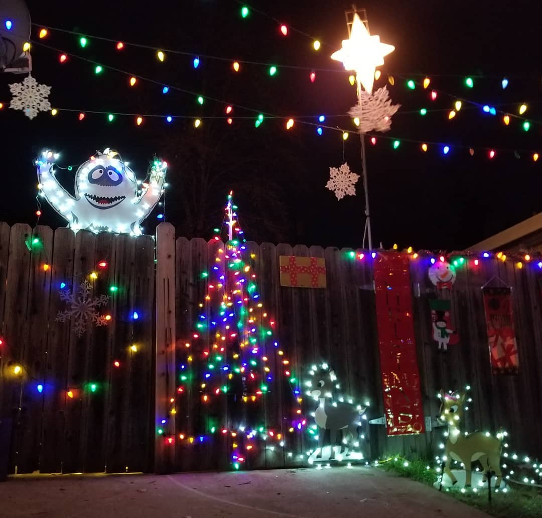 Awesome Christmas lights of Rudolph & Clarisse for outdoor decor. Pic by theantiquechicken