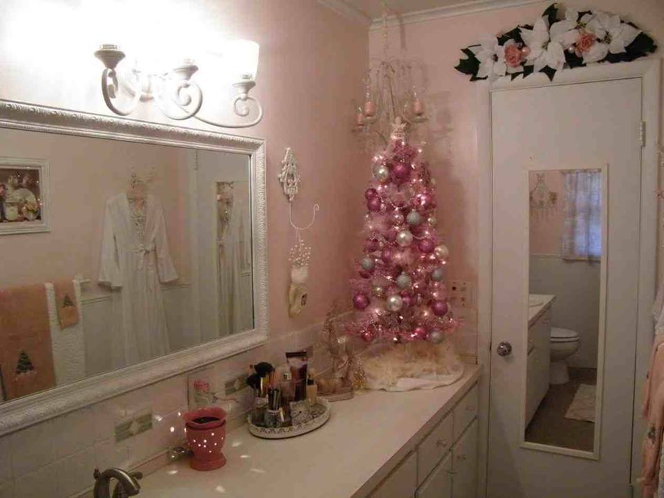 Beautiful Pink Ornaments Christmas Tree In The Bathroom