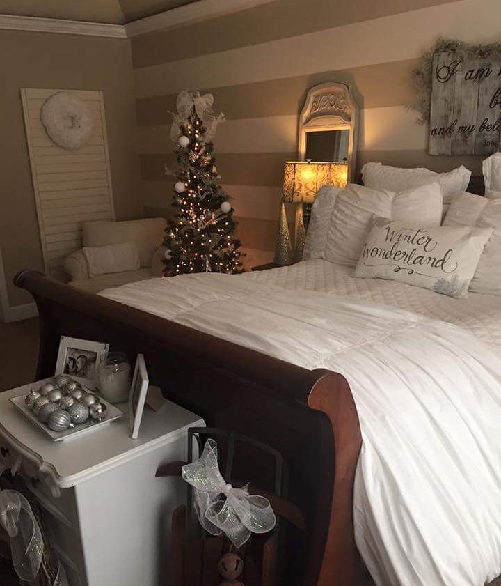 Classic White Bedroom Decor With Christmas Tree, Wreath And Silver Ornaments