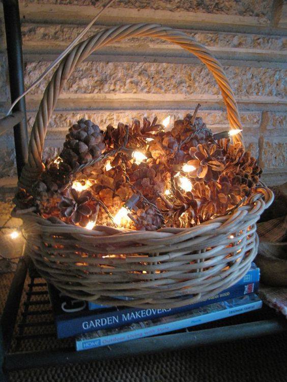 Pinecones Is Decorated With Lights In The Basket