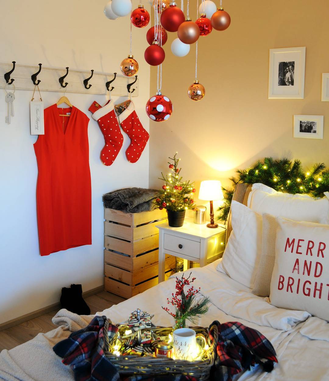 Trendy Bedroom Decoration With Ornaments, Santa Shoes And Accessories