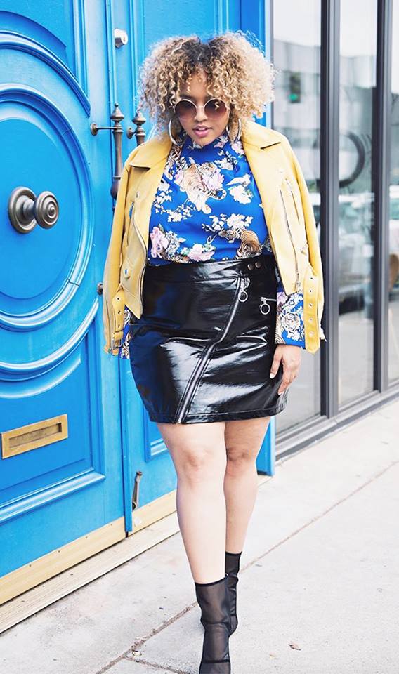 Blue Floral Top Paired With Leather Mini Skirt, Yellow Blazer And Ankle Shoes