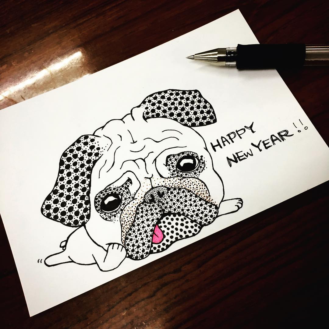 Dog Drawing On New Year Card
